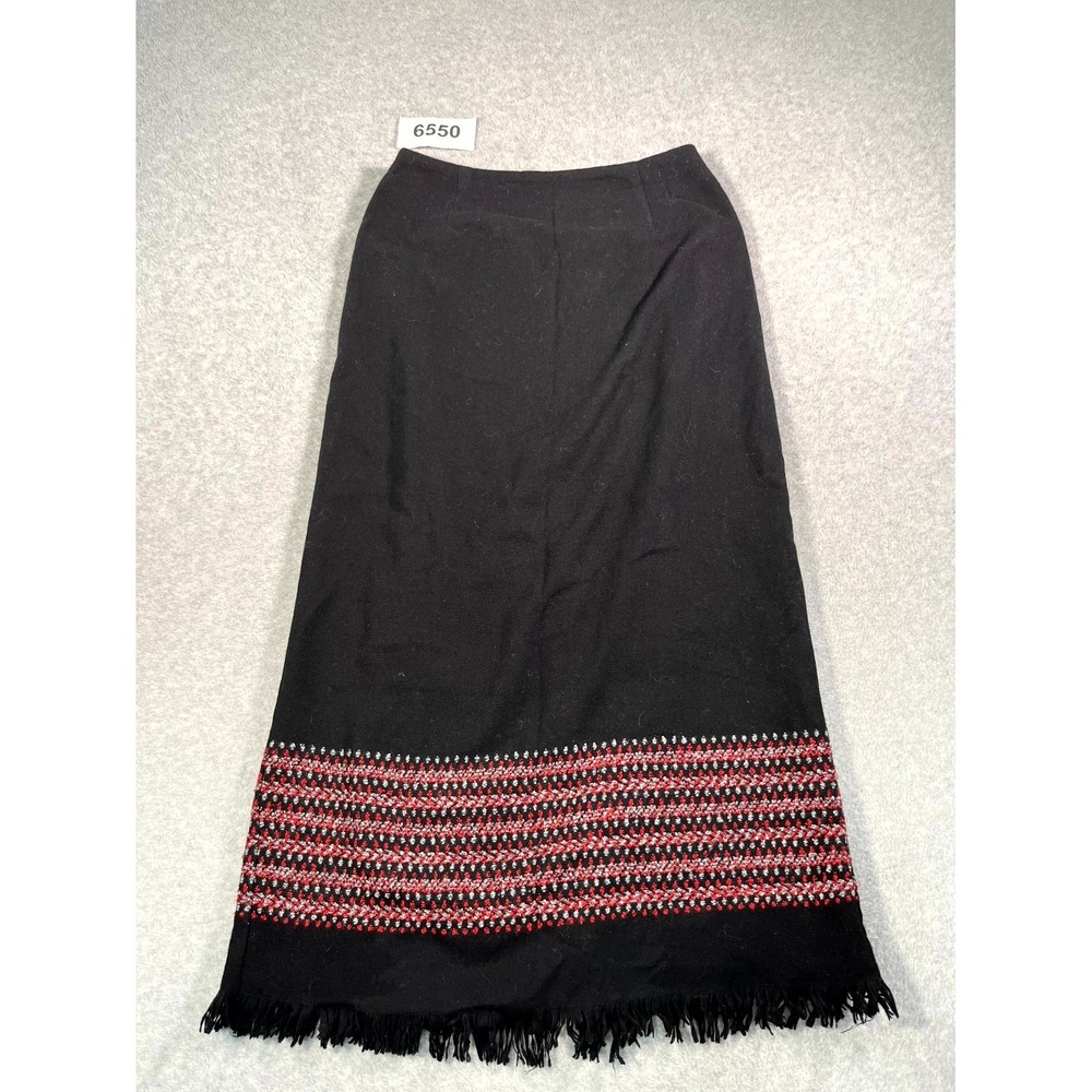 Worthington Maxi Skirt Women 10 Black Wool Lined Fringe Hem Casual Slit Back Zip